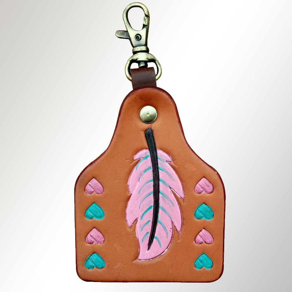 LC-ADKRX115 Hand-Tooled Leather Keyring   Pink Feather & Teal Heart Western Design