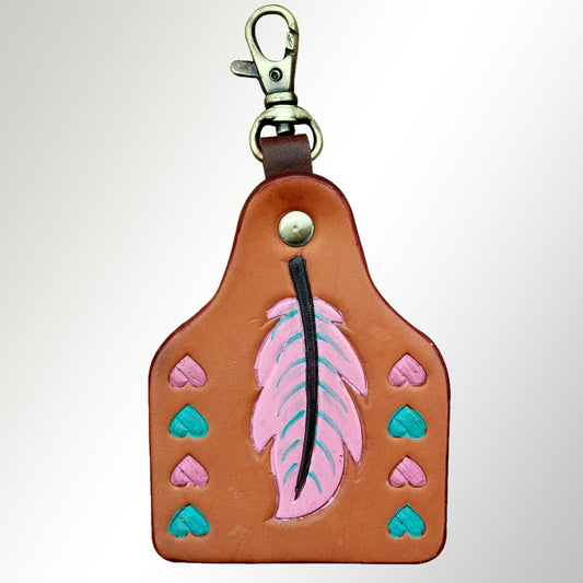 LC-ADKRX115 Hand-Tooled Leather Keyring   Pink Feather & Teal Heart Western Design