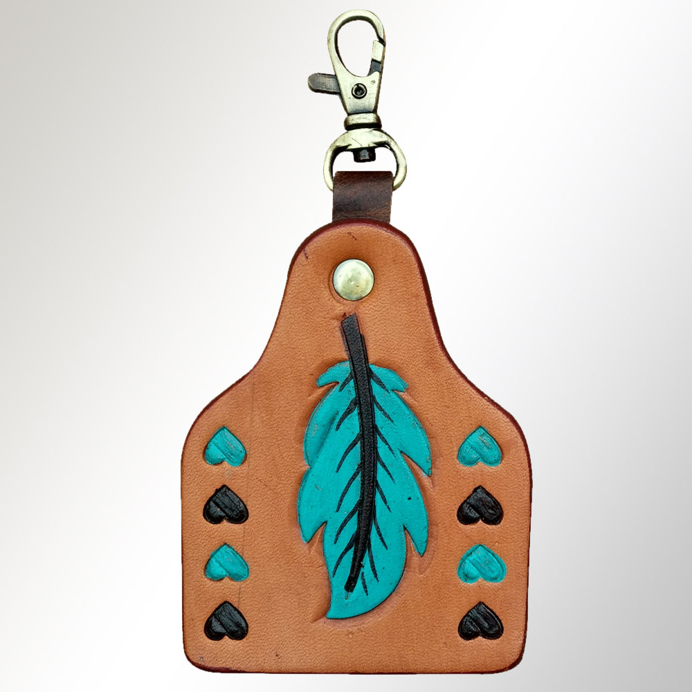 LC-ADKRX116 Hand-Tooled Leather Keyring   Turquoise Feather with Black & Teal Heart Accents
