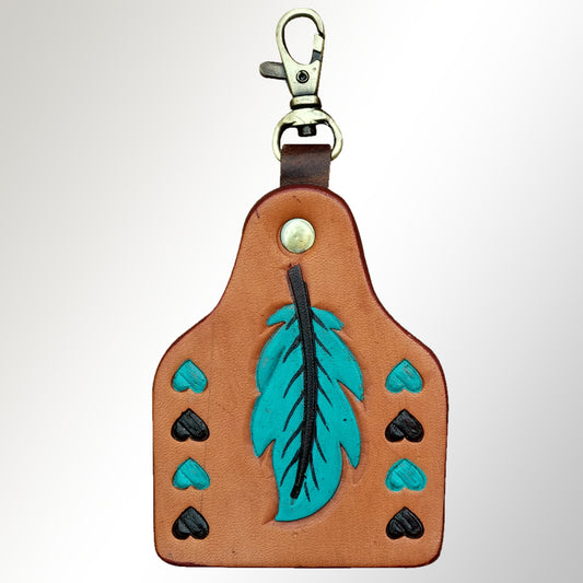 LC-ADKRX116 Hand-Tooled Leather Keyring   Turquoise Feather with Black & Teal Heart Accents