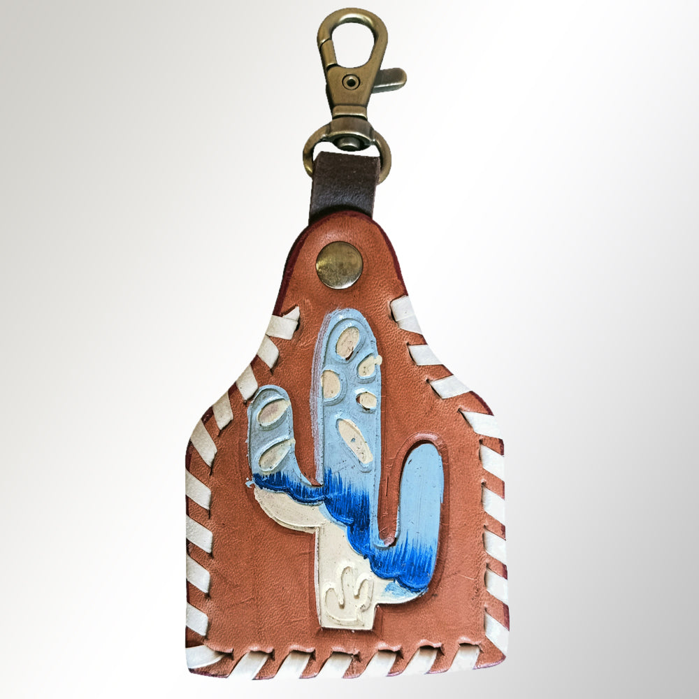 LC-ADKRX119 Hand-Tooled Leather Keyring   Blue & Ivory Cactus with White Laced Border