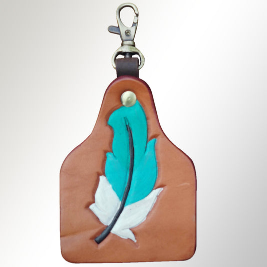 LC-ADKRX120 Hand-Tooled Leather Keyring   Turquoise & White Feather on Tan Leather