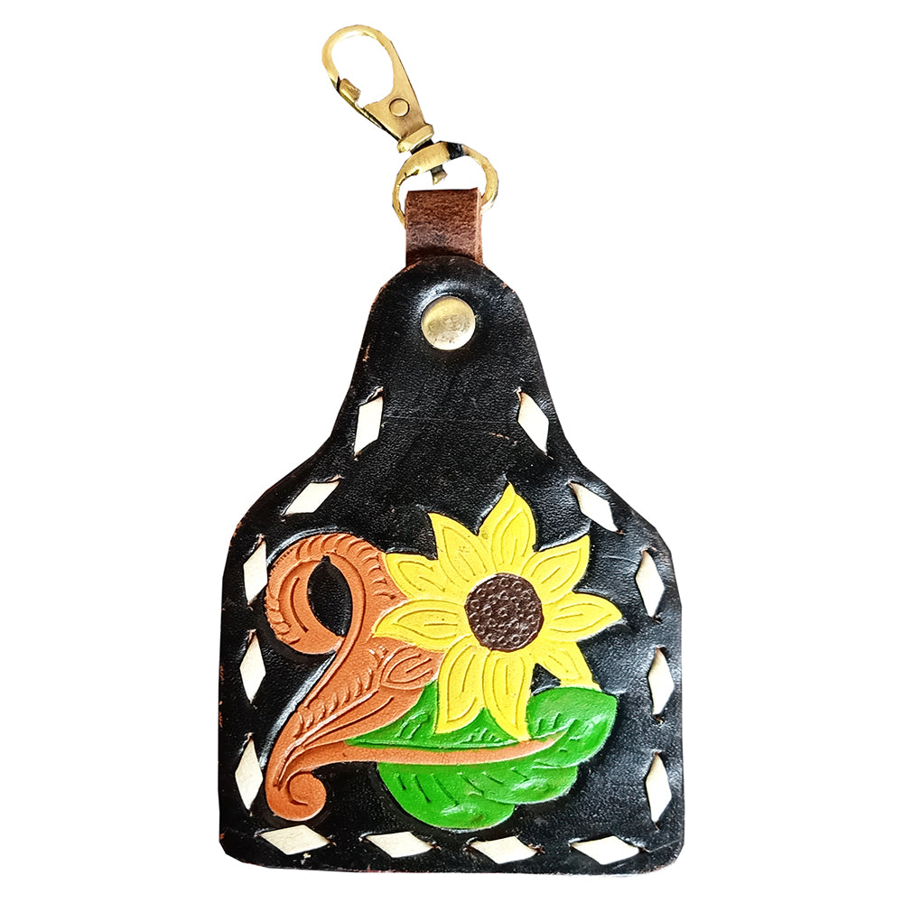 LC-ADKRX123 Hand-Tooled Leather Keyring   Sunflower & Scroll Design on Black Leather with White Lacing
