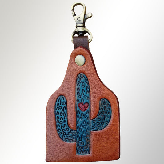LC-ADKRX124 Hand-Tooled Leather Keyring   Blue Cactus with Heart Accent on Tan Leather