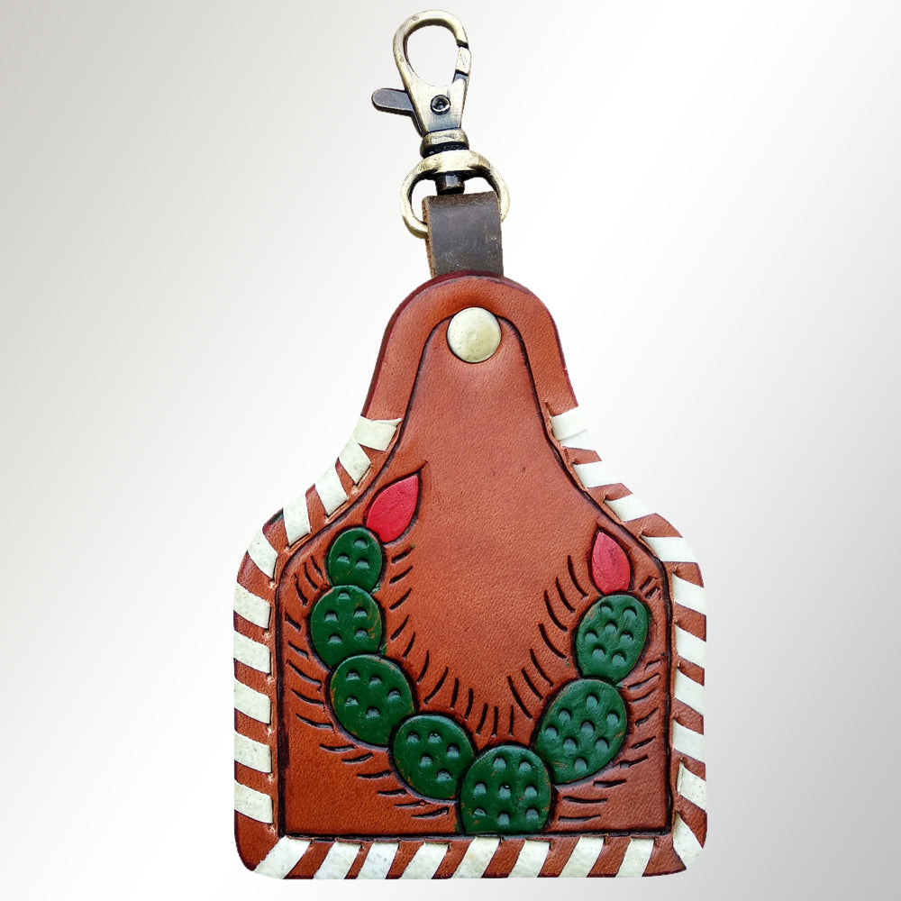 LC-ADKRX125 Hand-Tooled Leather Keyring   Curved Cactus with Red Blossoms & White Laced Border