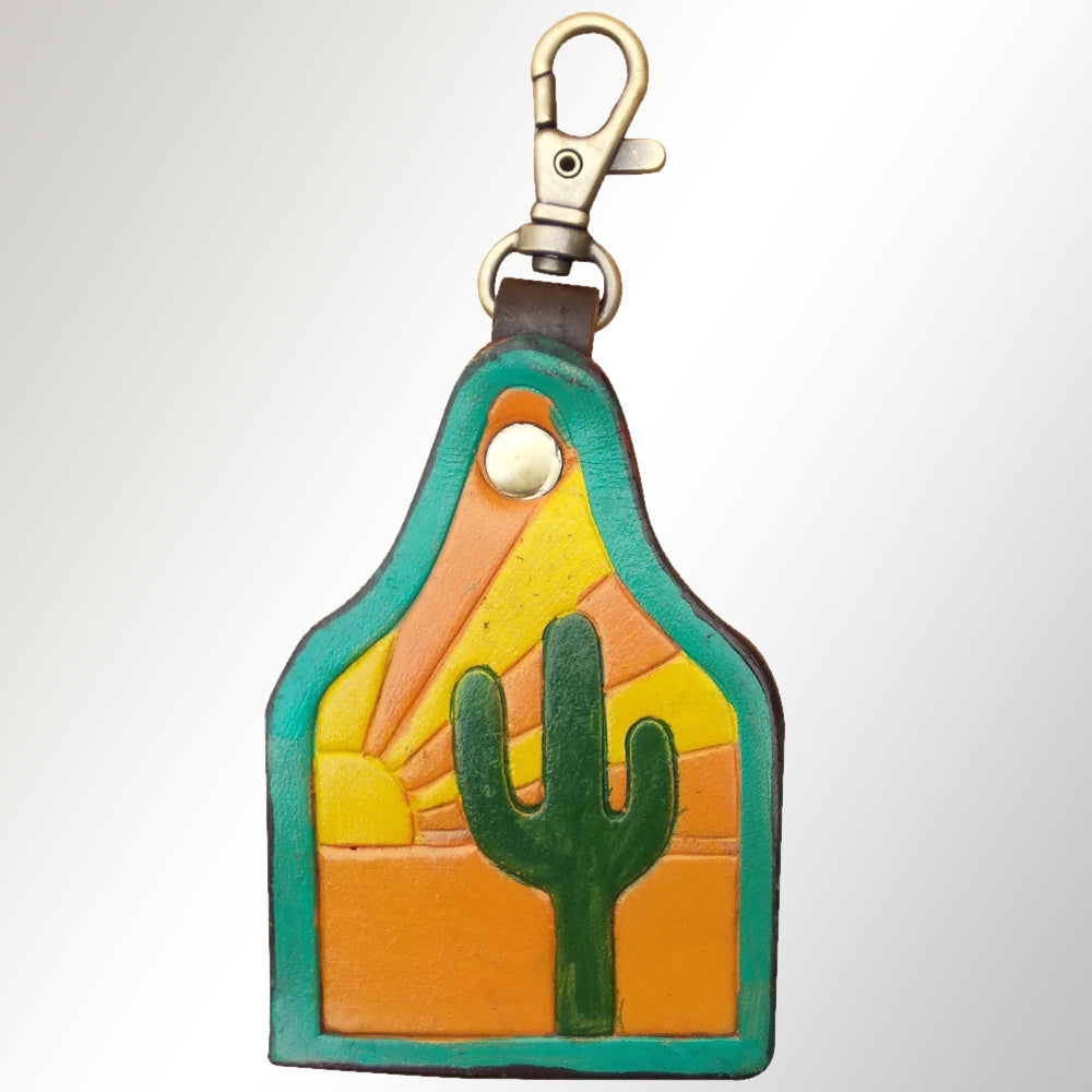 LC-ADKRX126 Hand-Tooled Leather Keyring   Sunset Cactus Desert Scene with Turquoise Border