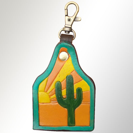 LC-ADKRX126 Hand-Tooled Leather Keyring   Sunset Cactus Desert Scene with Turquoise Border