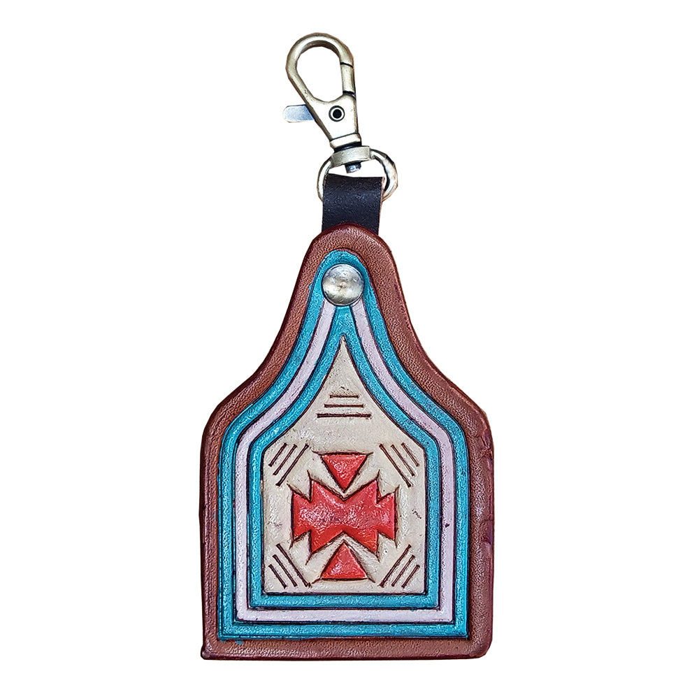 LC-ADKRX130 Hand-Tooled Leather keyring   Southwest Geometric Pattern in Red, Blue & Lavender