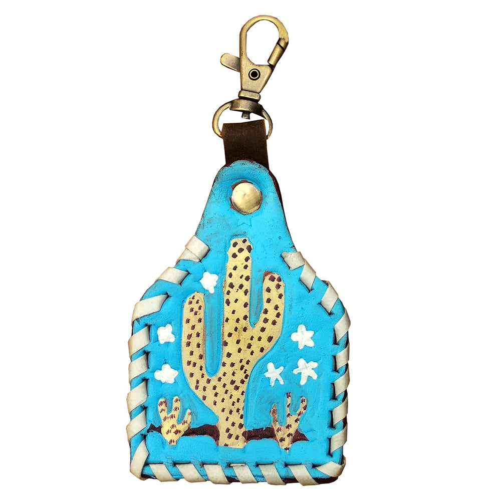 LC-ADKRX131 Hand-Tooled Leather Keyring   Yellow Cactus & Stars on Turquoise with White Lacing