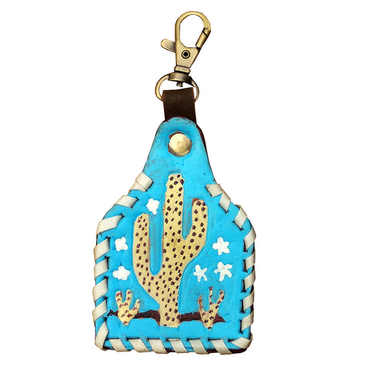 LC-ADKRX131 Hand-Tooled Leather Keyring   Yellow Cactus & Stars on Turquoise with White Lacing