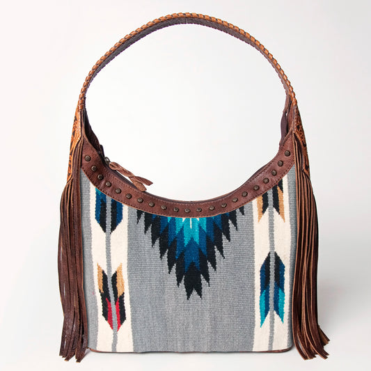 ADBG803 American Darling Hand Tooled Leather Hobo Bag with Hand Woven Saddle Blanket and Fringes