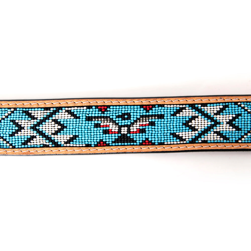 LC-ADBLF144 Southwestern Beaded Leather Belt - Turquoise Thunderbird & Floral Tooled Design