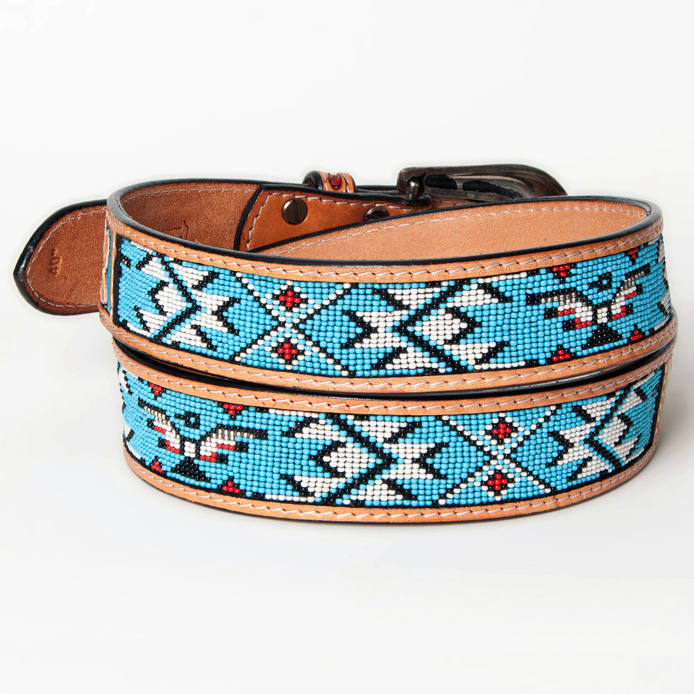 LC-ADBLF144 Southwestern Beaded Leather Belt - Turquoise Thunderbird & Floral Tooled Design