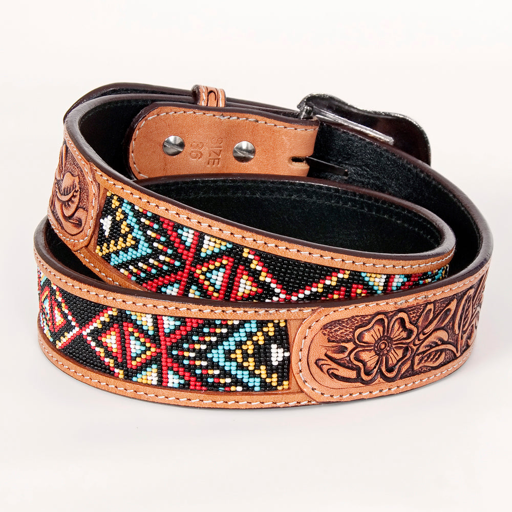 BEE109-Hand Tooled Western Leather Belt Tan