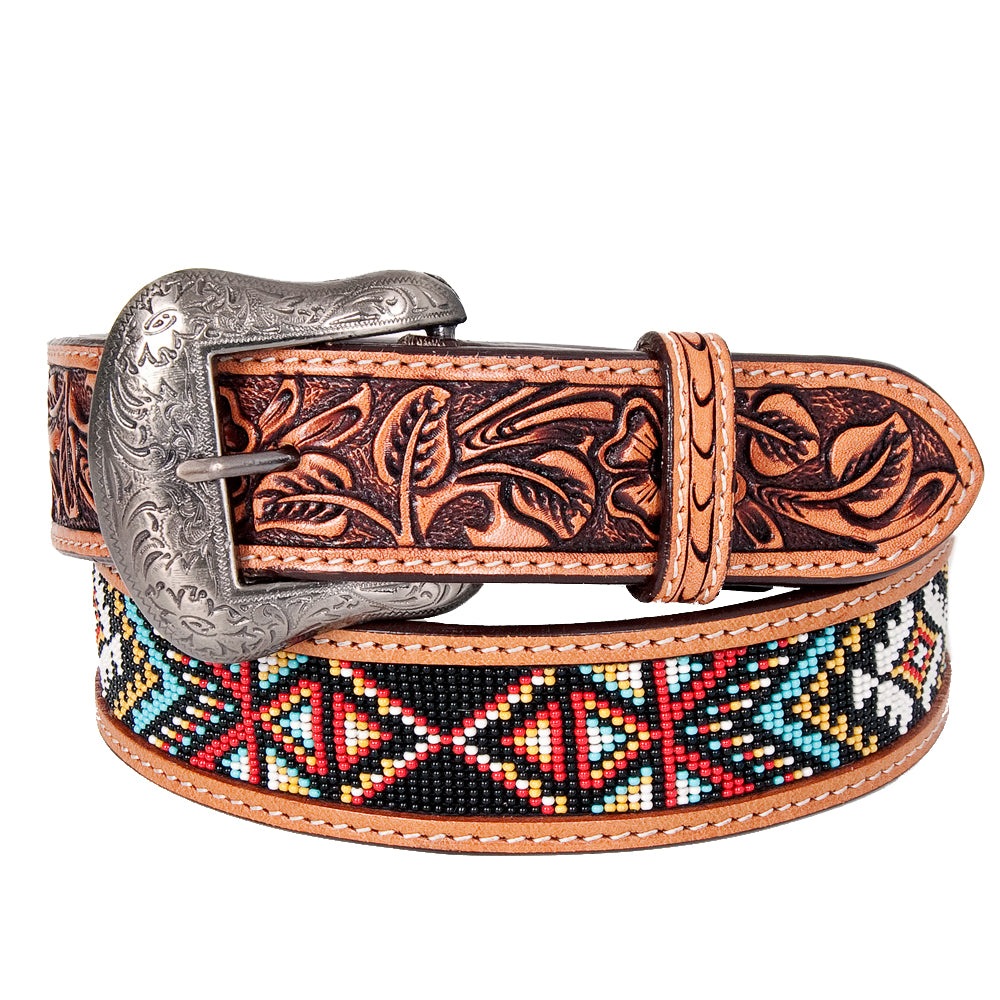 BEE109-Hand Tooled Western Leather Belt Tan