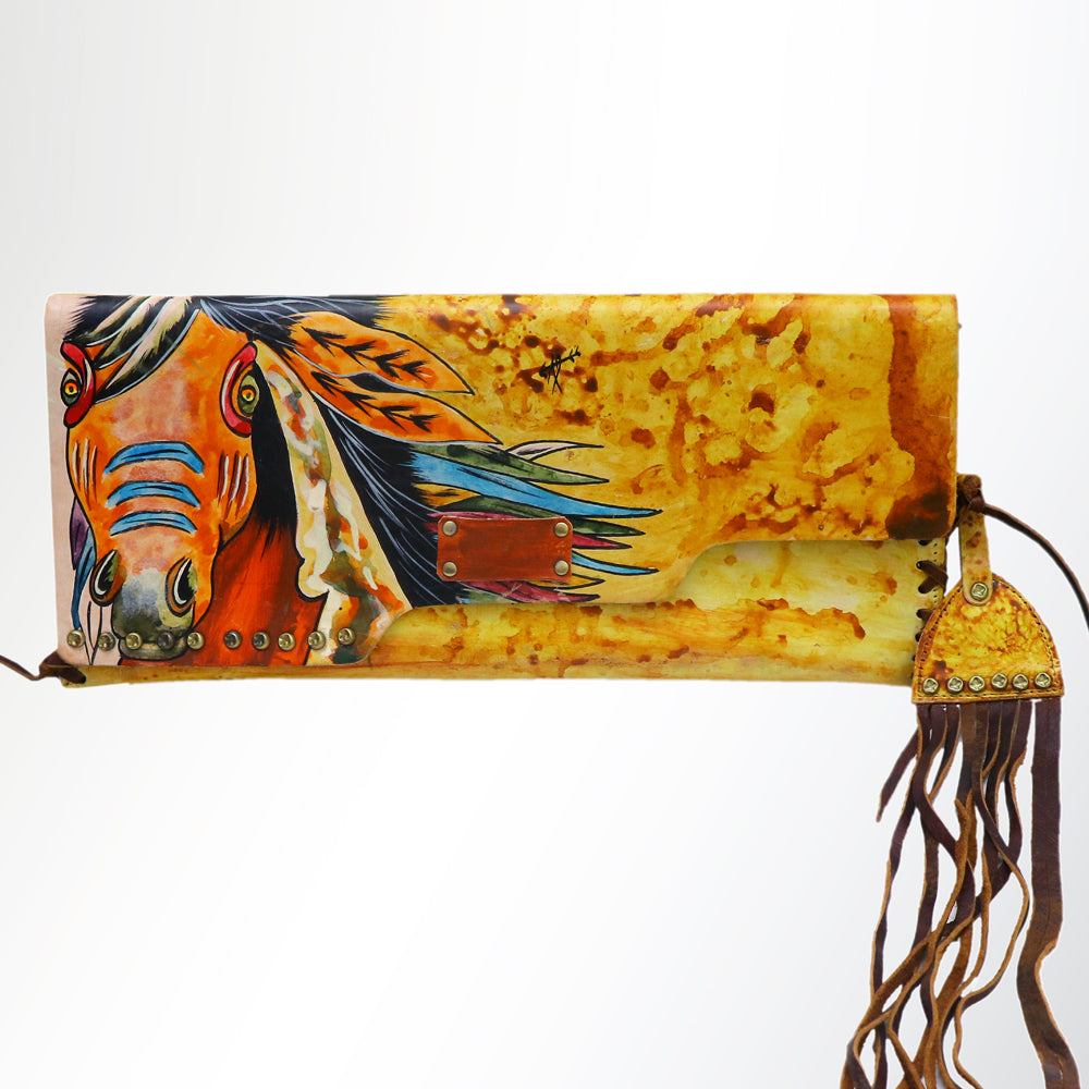 ADBGM136 Cowgirl Hand-Painted Leather Clutch - Western Art with Fringe and Stud Detail