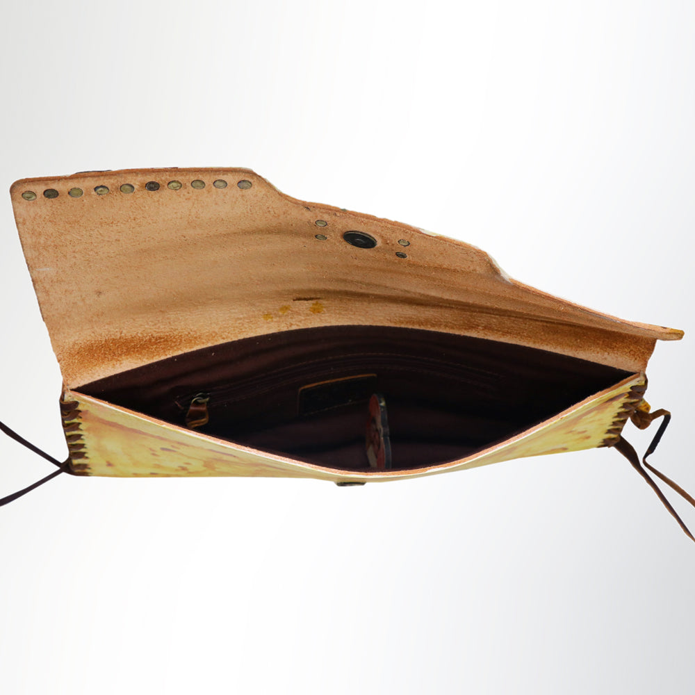 ADBGM136 Cowgirl Hand-Painted Leather Clutch - Western Art with Fringe and Stud Detail