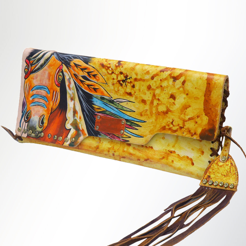 ADBGM136 Cowgirl Hand-Painted Leather Clutch - Western Art with Fringe and Stud Detail