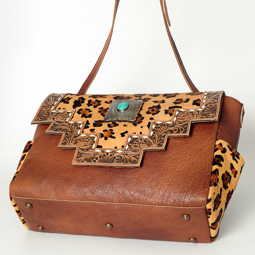 LC-ADBG842 Hand-Tooled Leather & Hair-On Cowhide Messenger Bag with Turquoise Concho