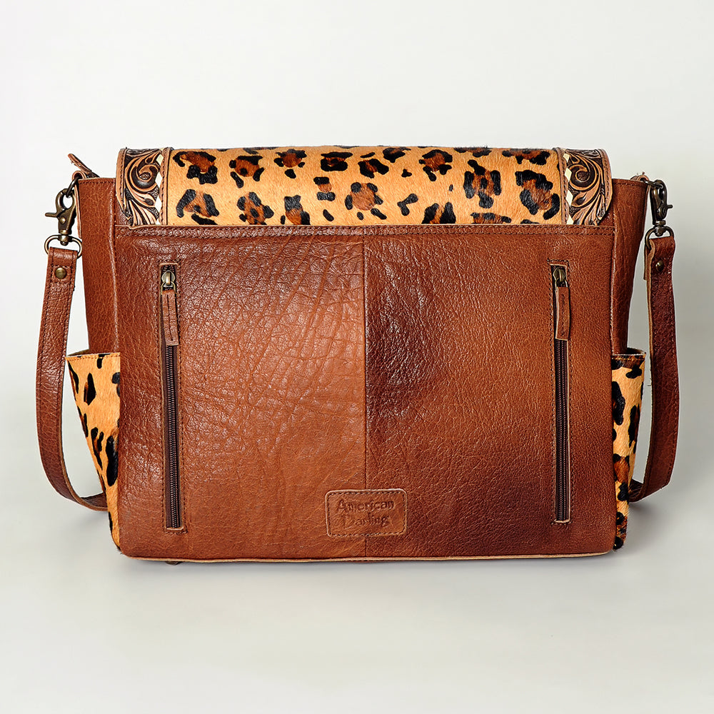 LC-ADBG842 Hand-Tooled Leather & Hair-On Cowhide Messenger Bag with Turquoise Concho