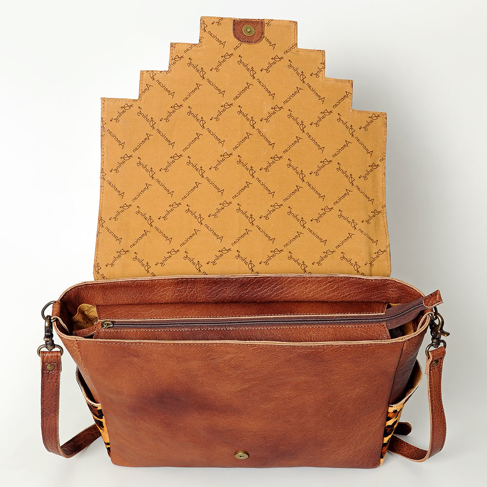 LC-ADBG842 Hand-Tooled Leather & Hair-On Cowhide Messenger Bag with Turquoise Concho