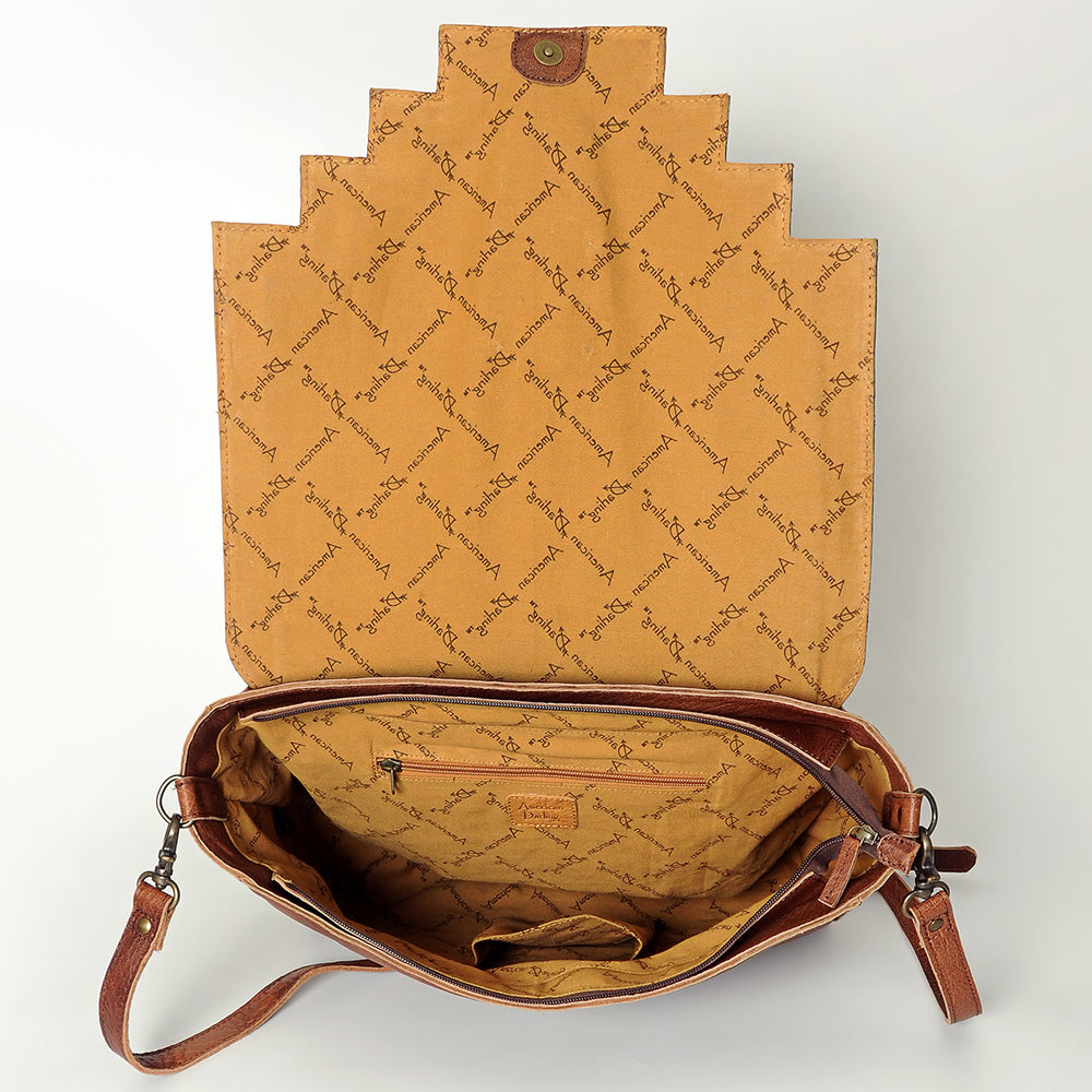 LC-ADBG842 Hand-Tooled Leather & Hair-On Cowhide Messenger Bag with Turquoise Concho