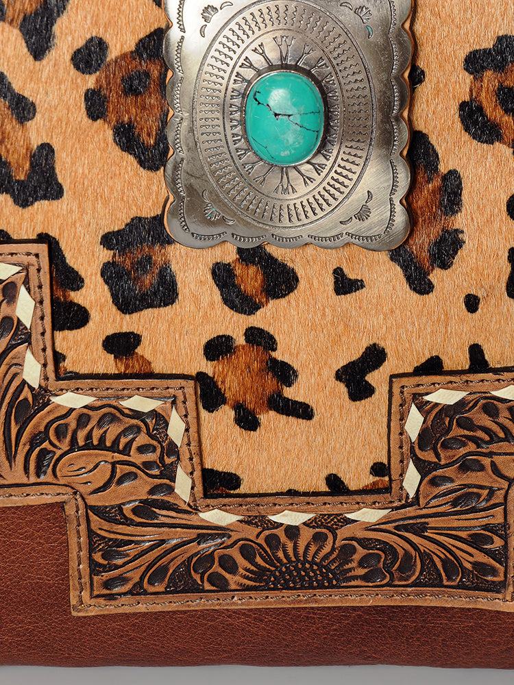 LC-ADBG842 Hand-Tooled Leather & Hair-On Cowhide Messenger Bag with Turquoise Concho
