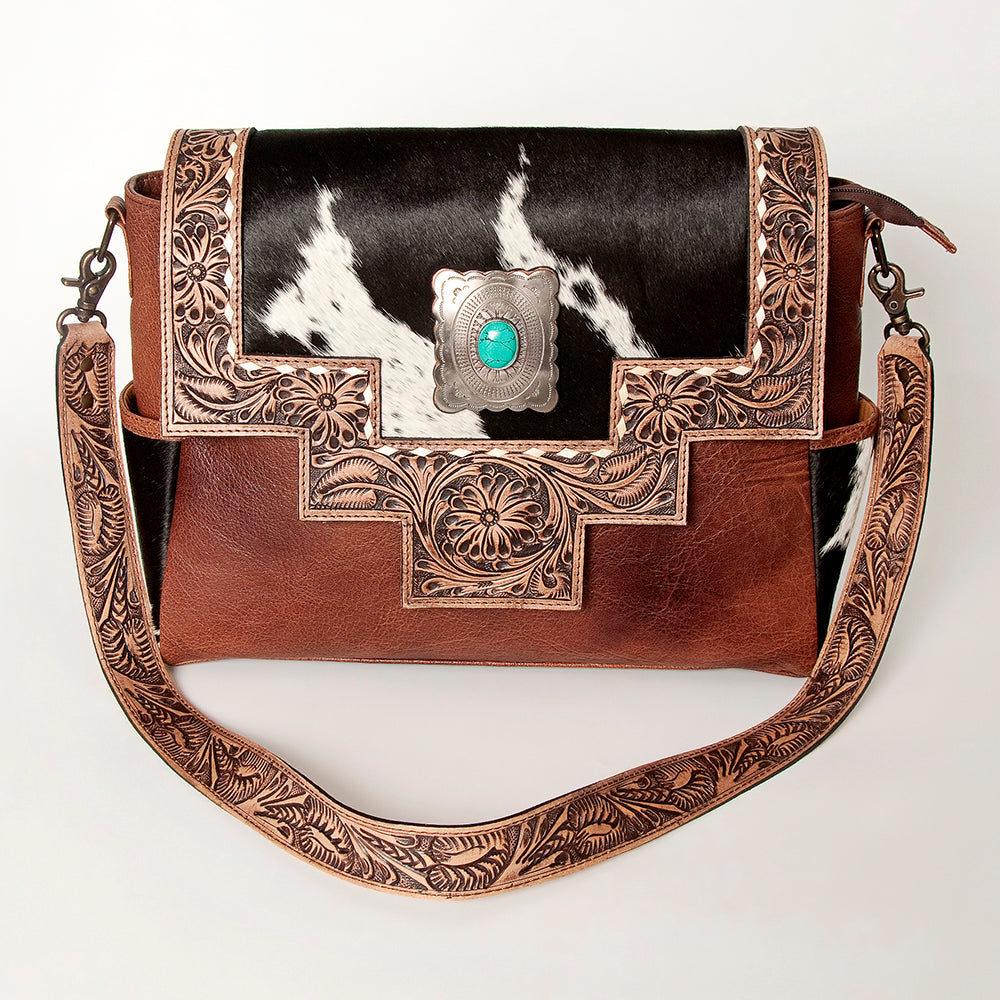 LC-ADBG842 Hand-Tooled Leather & Hair-On Cowhide Messenger Bag with Turquoise Concho