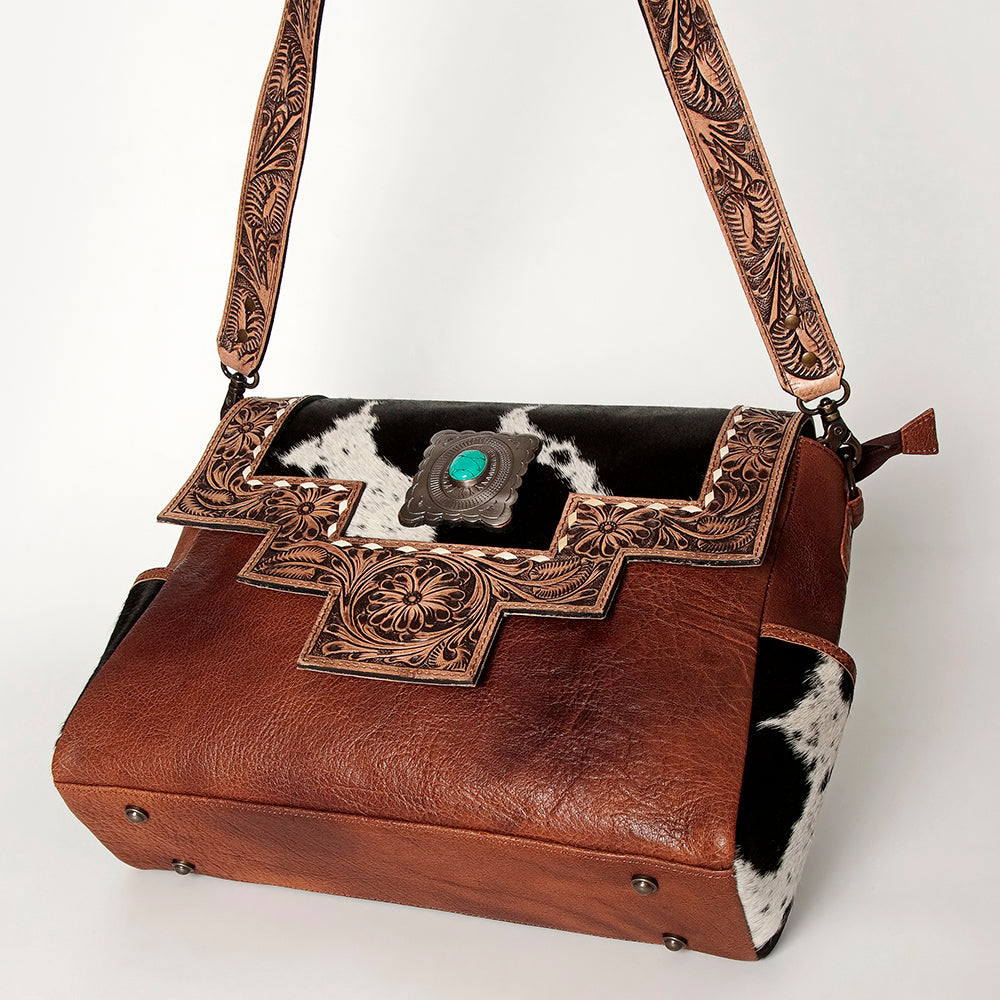 LC-ADBG842 Hand-Tooled Leather & Hair-On Cowhide Messenger Bag with Turquoise Concho
