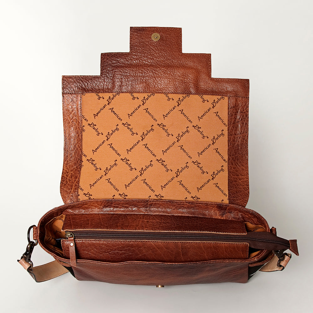 LC-ADBG842 Hand-Tooled Leather & Hair-On Cowhide Messenger Bag with Turquoise Concho