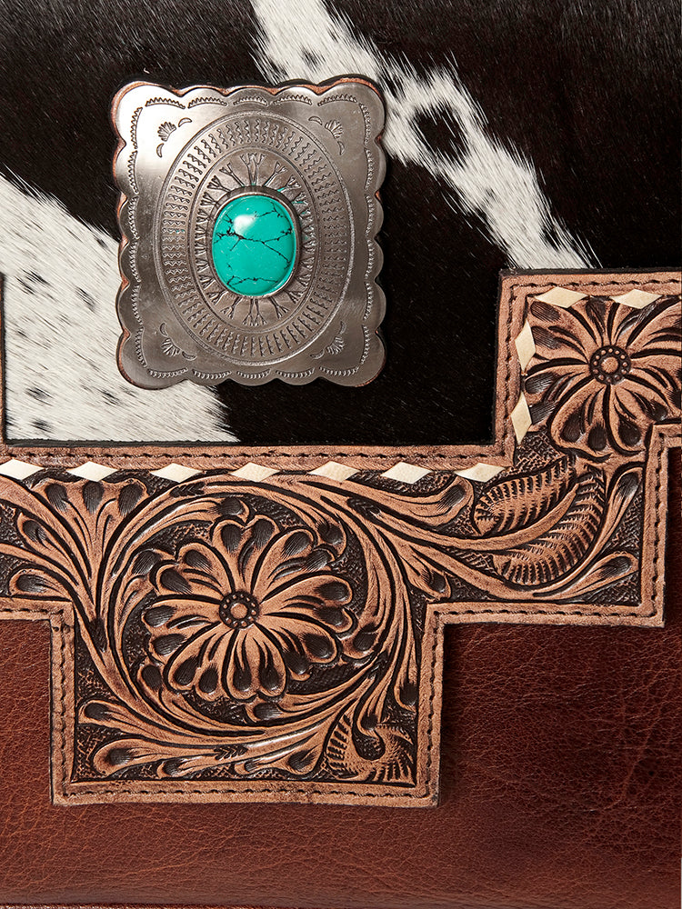 LC-ADBG842 Hand-Tooled Leather & Hair-On Cowhide Messenger Bag with Turquoise Concho