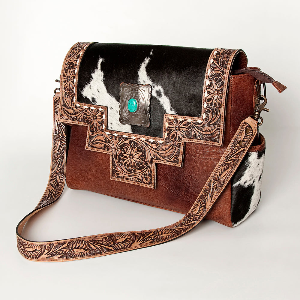 LC-ADBG842 Hand-Tooled Leather & Hair-On Cowhide Messenger Bag with Turquoise Concho