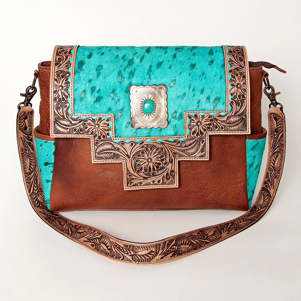 LC-ADBG842 Hand-Tooled Leather & Hair-On Cowhide Messenger Bag with Turquoise Concho
