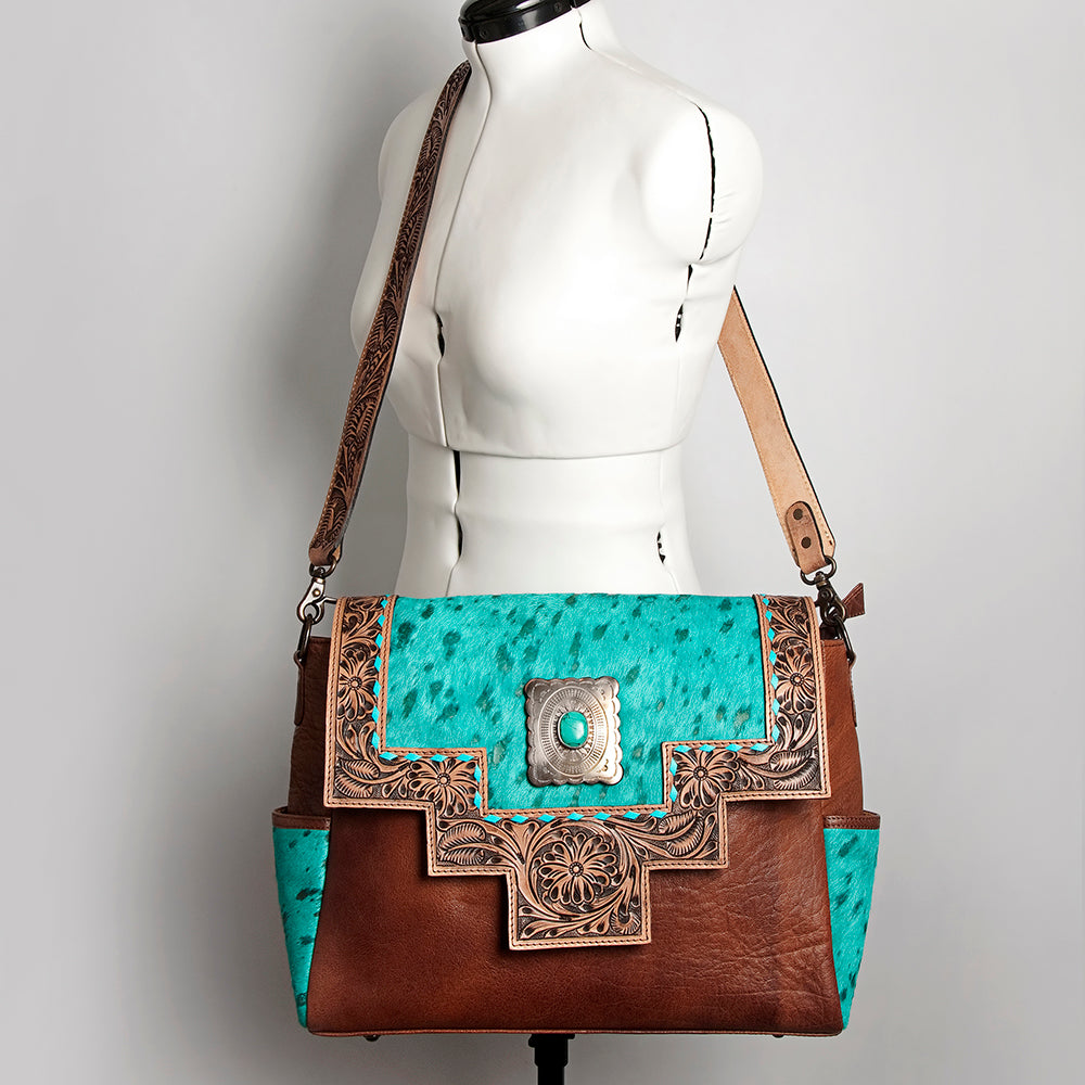 LC-ADBG842 Hand-Tooled Leather & Hair-On Cowhide Messenger Bag with Turquoise Concho
