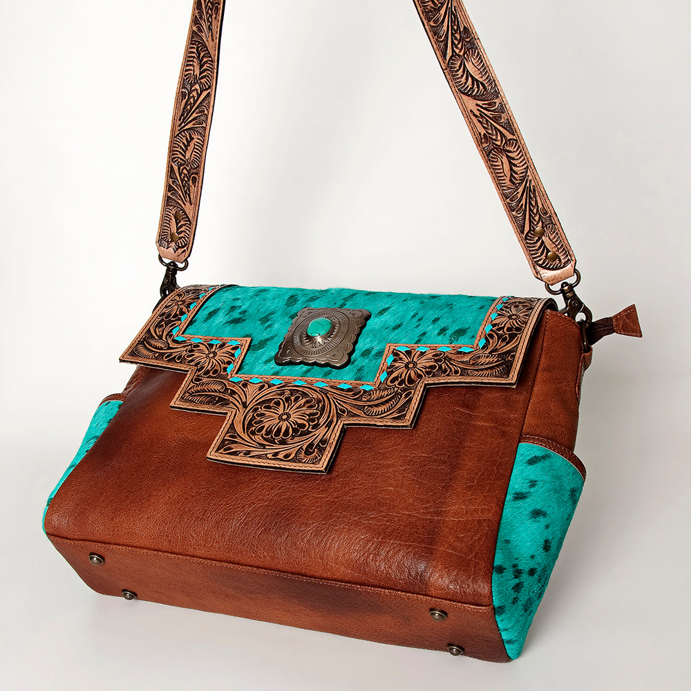LC-ADBG842 Hand-Tooled Leather & Hair-On Cowhide Messenger Bag with Turquoise Concho