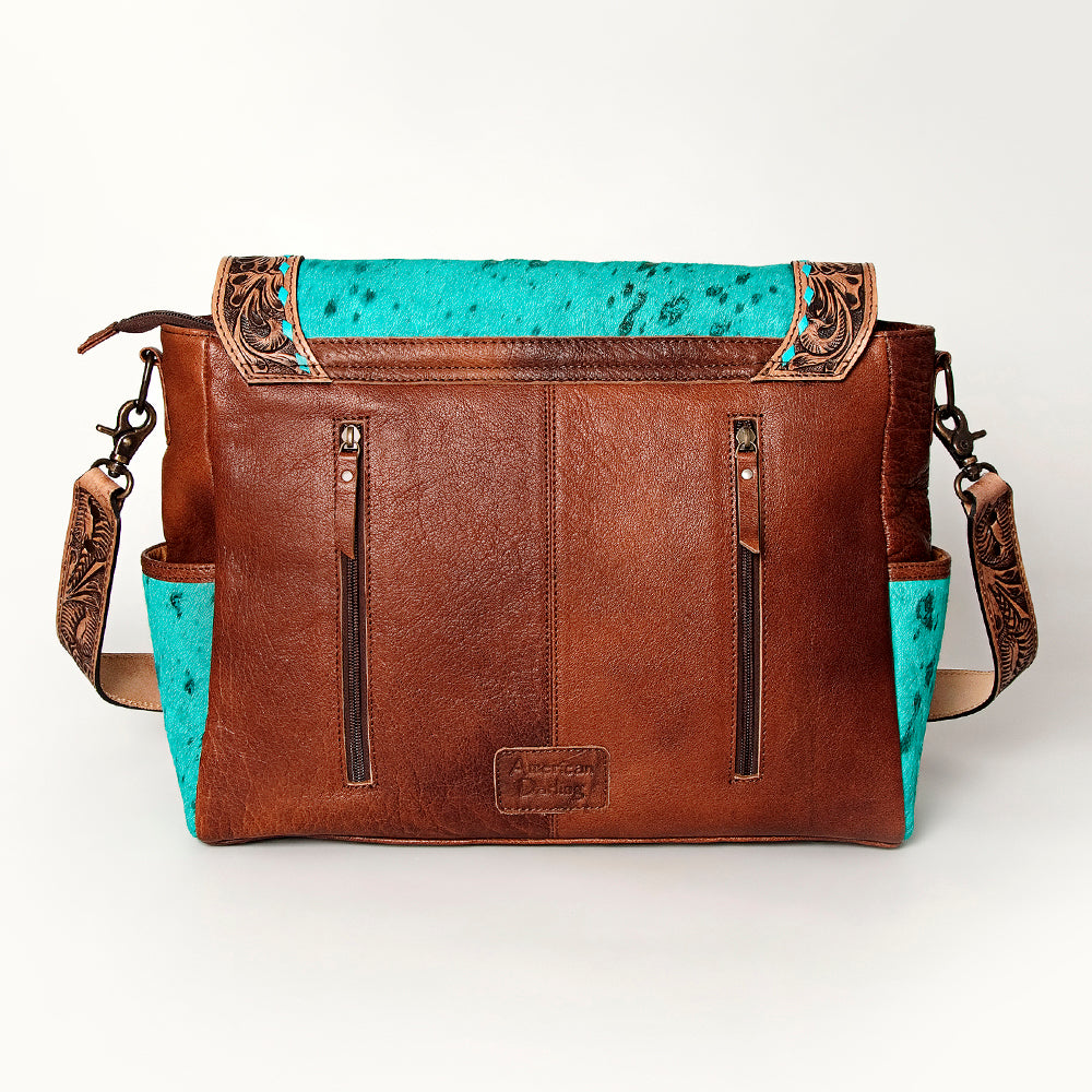 LC-ADBG842 Hand-Tooled Leather & Hair-On Cowhide Messenger Bag with Turquoise Concho