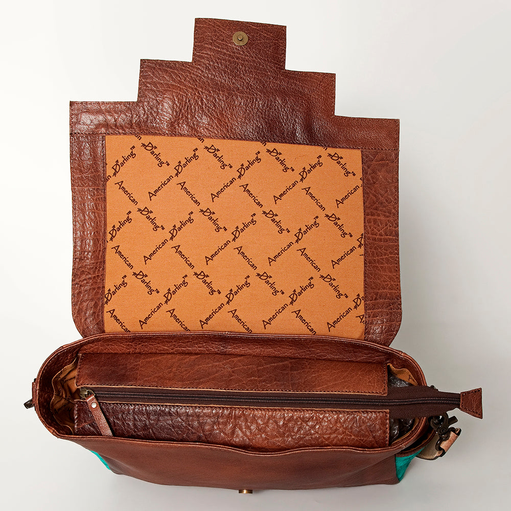 LC-ADBG842 Hand-Tooled Leather & Hair-On Cowhide Messenger Bag with Turquoise Concho