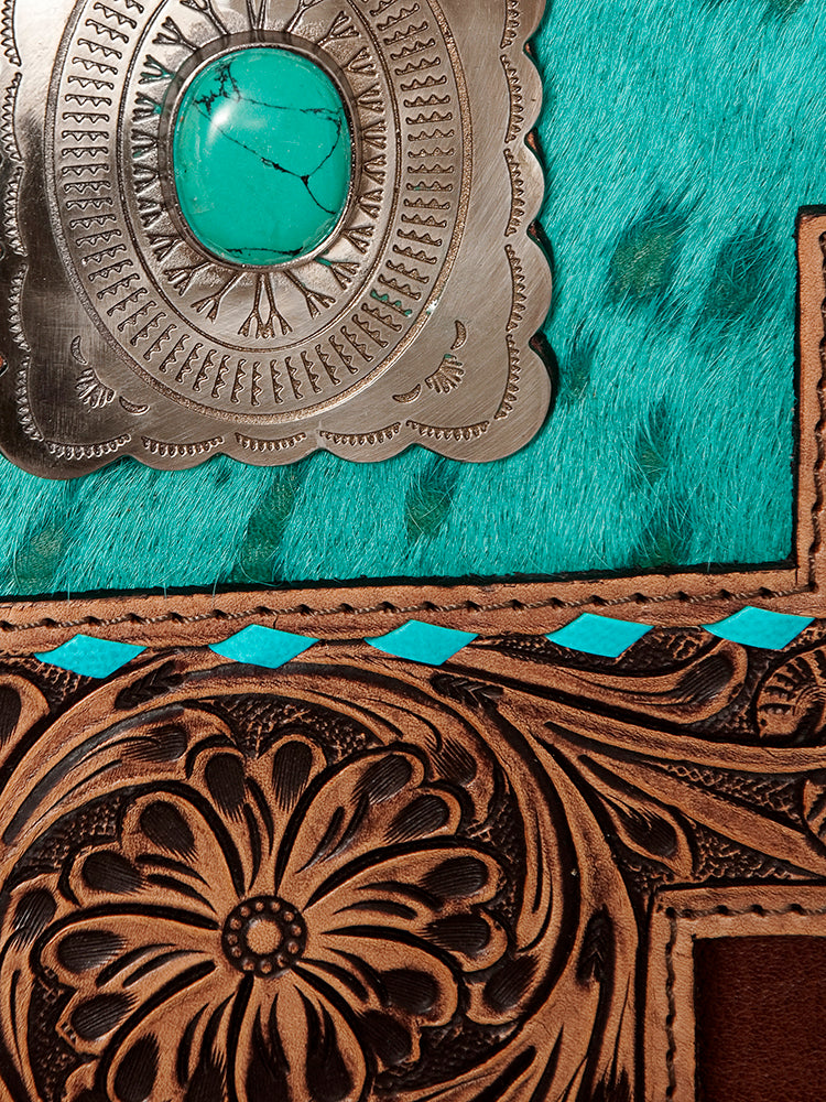 LC-ADBG842 Hand-Tooled Leather & Hair-On Cowhide Messenger Bag with Turquoise Concho