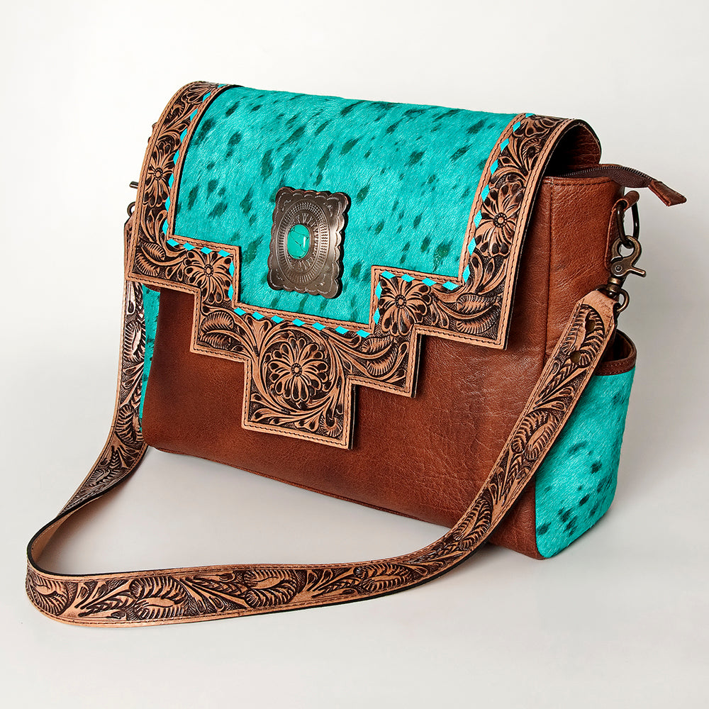 LC-ADBG842 Hand-Tooled Leather & Hair-On Cowhide Messenger Bag with Turquoise Concho
