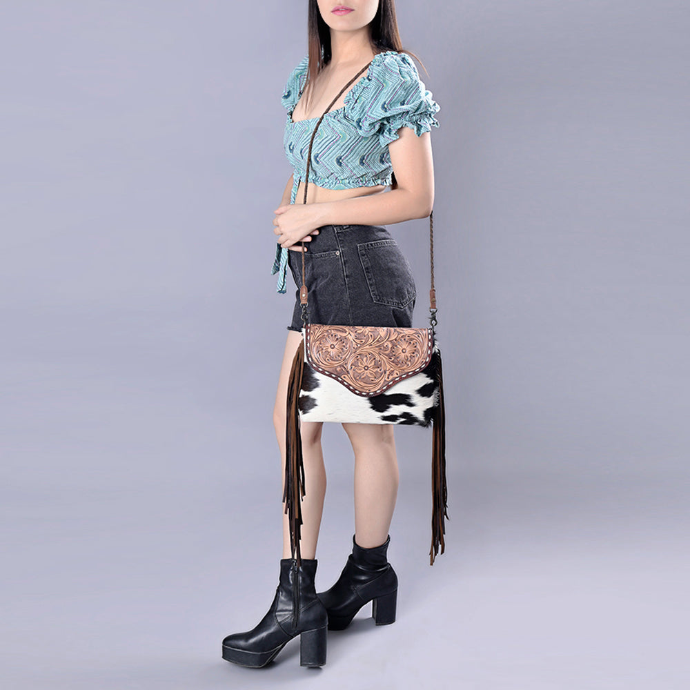 ADBG843 Hand-Tooled Crossbody Bag with Hair-On Cowhide & Genuine Leather