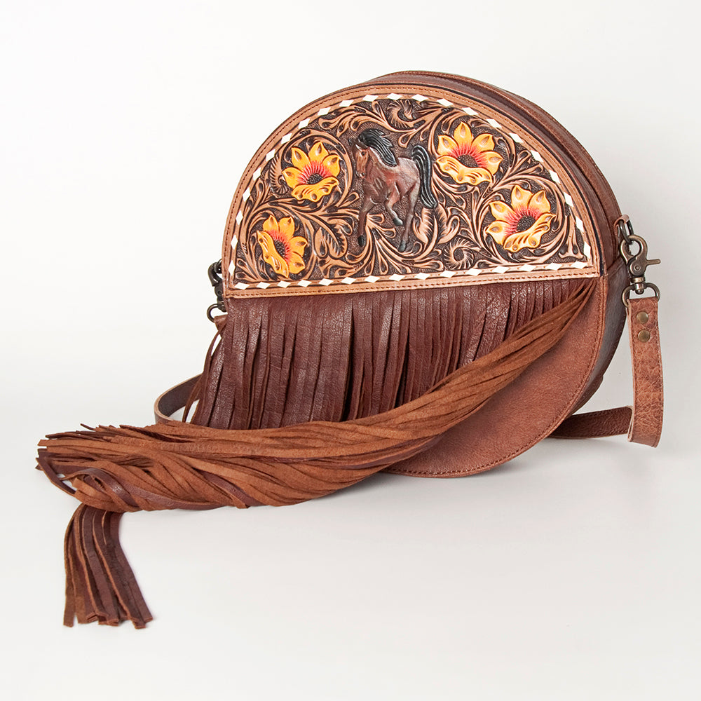 LC-ADBG846 Canteen Western Fringe Crossbody Bag Hand-Tooled Full Grain Leather by American Darling
