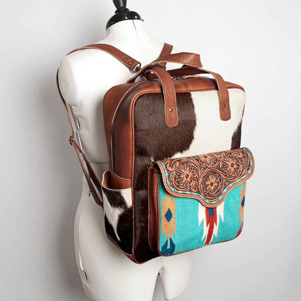 ADBG849 Handcrafted Hair-On Cowhide & Tooled Leather Western Backpack American Darling
