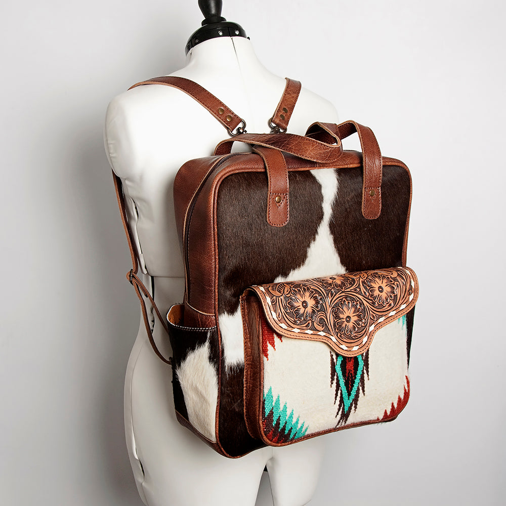 ADBG849 Handcrafted Hair-On Cowhide & Tooled Leather Western Backpack American Darling