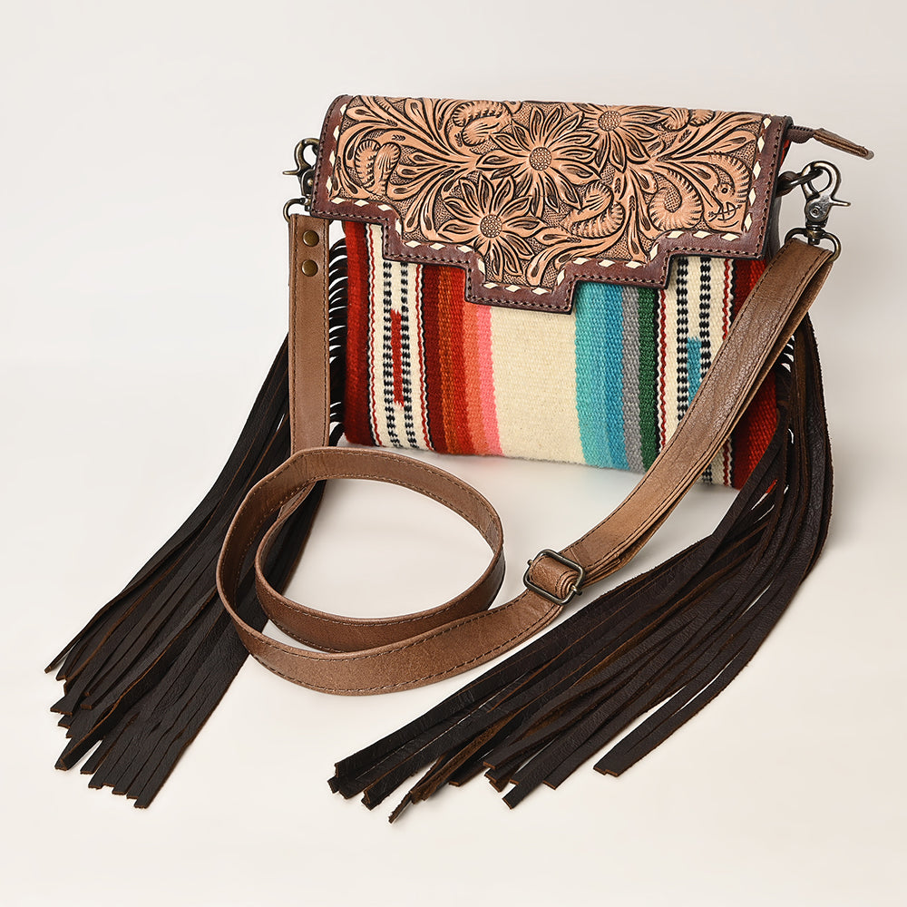 ADBG587 Western Tooled Leather Crossbody Bag with Fringe and Woven Fabric