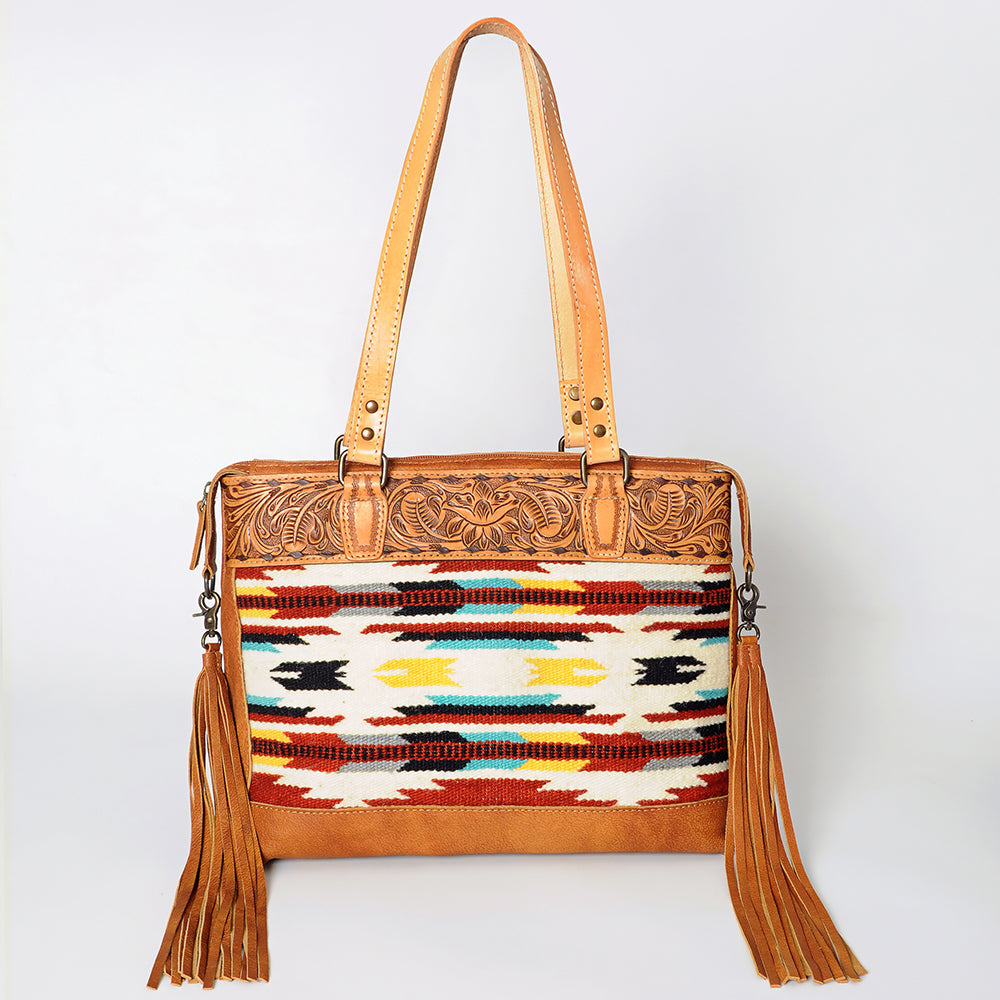 ADBG855 American Darling Hand Tooled Floral & Hand Woven Saddle Blanket Western Leather Tote Bag