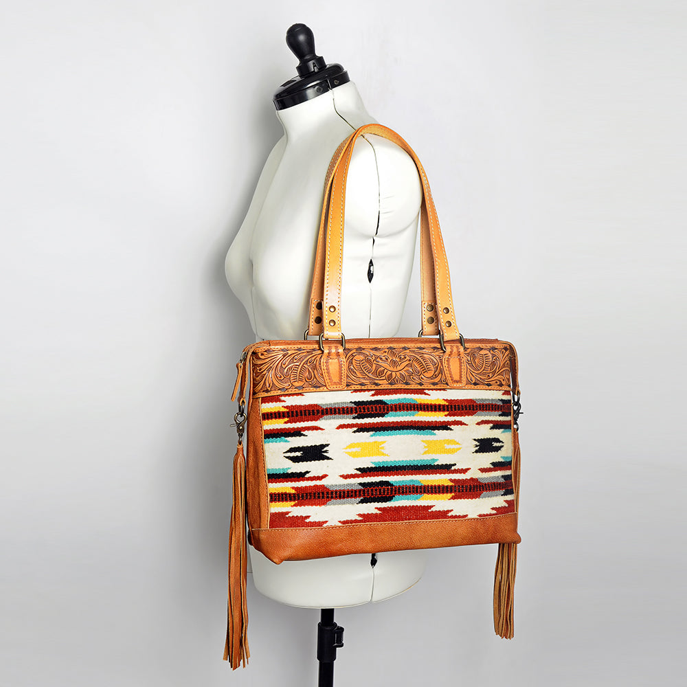 ADBG855 American Darling Hand Tooled Floral & Hand Woven Saddle Blanket Western Leather Tote Bag
