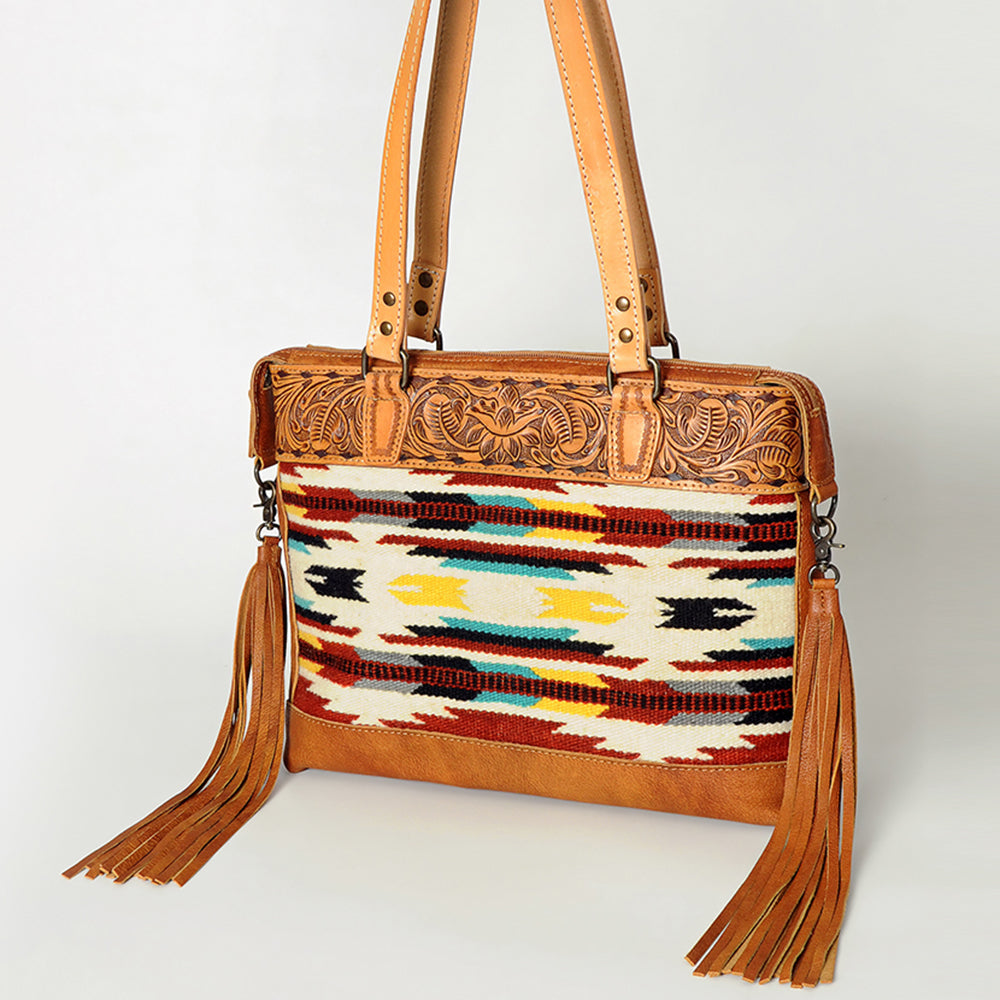 ADBG855 American Darling Hand Tooled Floral & Hand Woven Saddle Blanket Western Leather Tote Bag