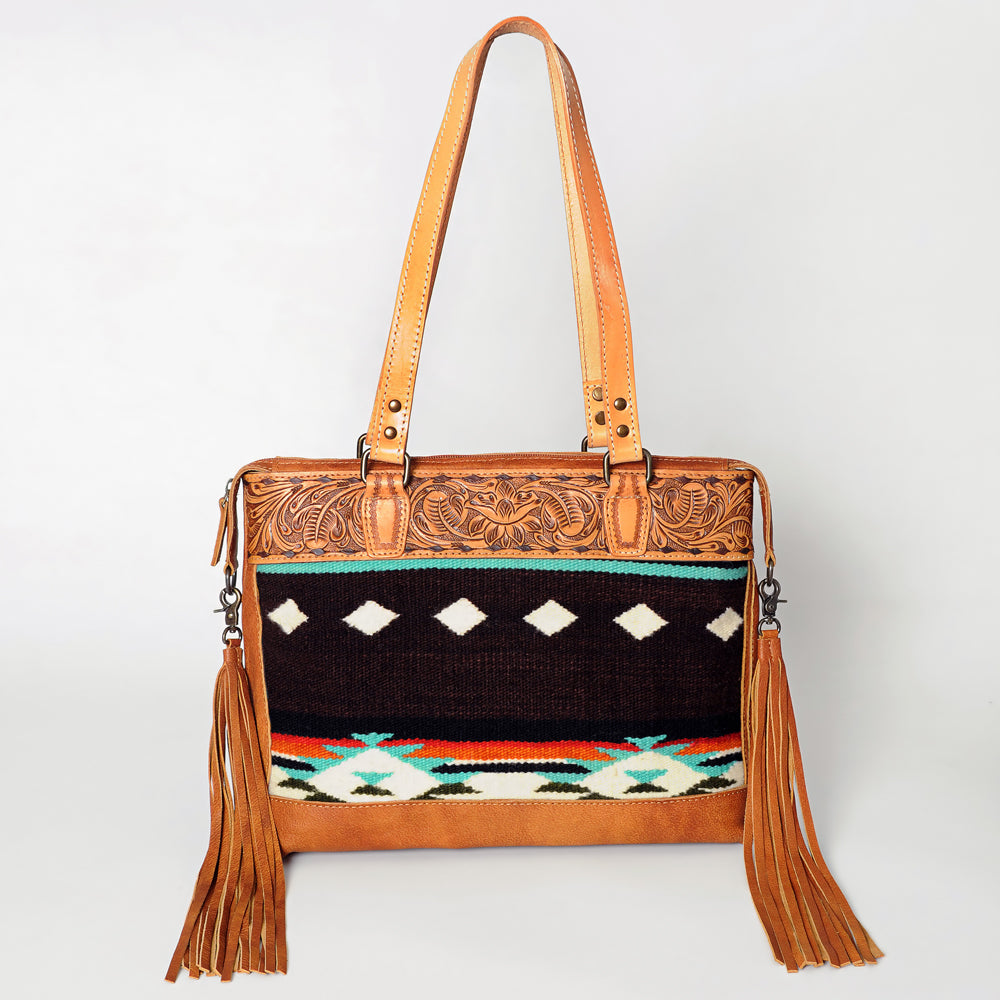 LC-ADBG855 Hand-Tooled Leather & Wool Saddle Blanket Western Tote Bag with Fringe American Darling