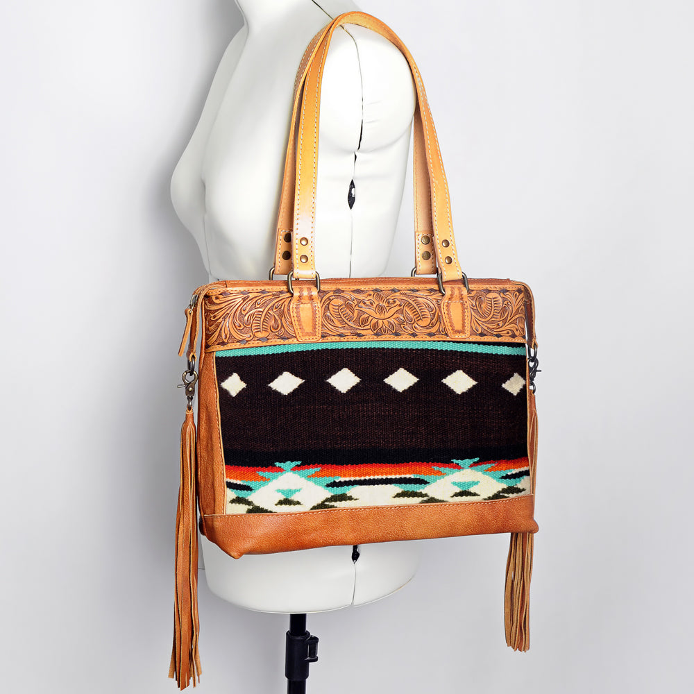 LC-ADBG855 Hand-Tooled Leather & Wool Saddle Blanket Western Tote Bag with Fringe American Darling