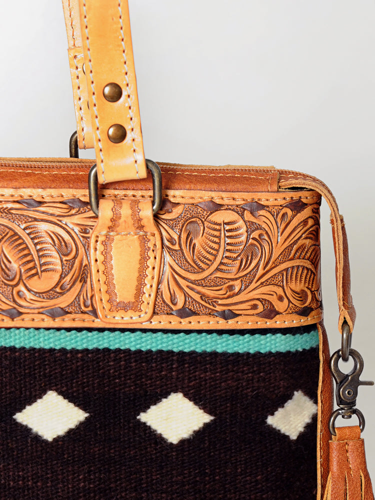 LC-ADBG855 Hand-Tooled Leather & Wool Saddle Blanket Western Tote Bag with Fringe American Darling